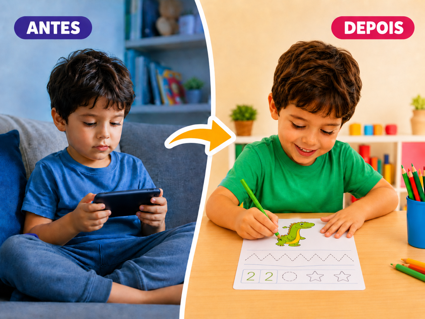 Antes e Depois: criança nas telas vs. criança realizando atividades do Mega Kit